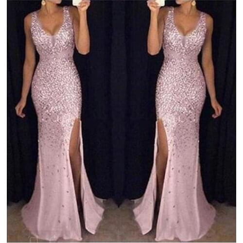 Women Gold Glitter Sparkly Maxi Dress Sexy Sleeveless High Slit Evening Party Long Vestidos Dresses