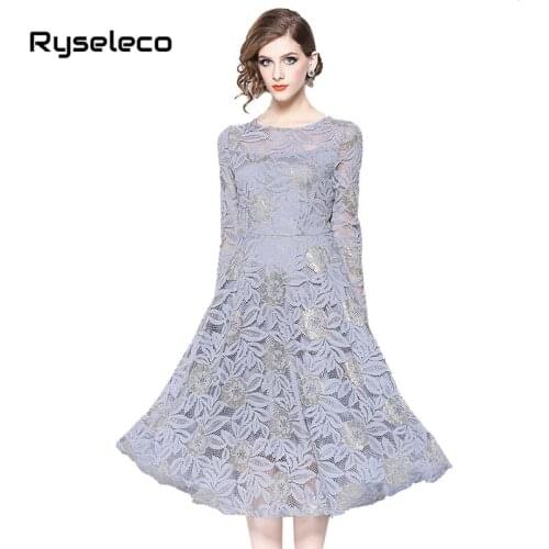 Women Floral Lace Long Sleeve Flare Dresses Female Elegant Vintage Slim O-neck Mid-calf Plus size Swing Casual Party Vestido 3XL