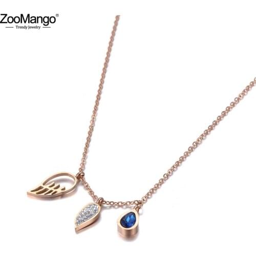 ZooMango Fashion Stainless Steel Angel Wings & Water Drop Blue CZ Crystal Charm Pendant Chain Choker Necklace For Women ZN19094