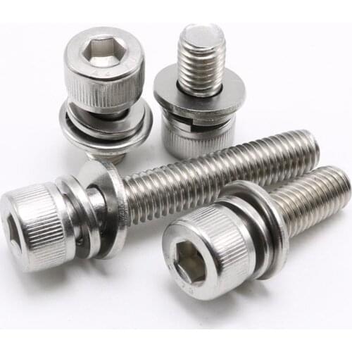 304 Stainless Steel Hexagon Hex Socket Cap Head SEM Screw With Flat Washer Spring Gasket Bolt Set M2 M2.5 M3 M4 M5 M6 M8 M10 M12