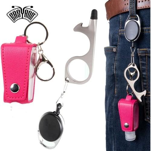 EASYANT Hand Sanitizer Leather Bottle Portable Set Flip Cap Personal Care with No Touch Door Opener Key Ring Pink