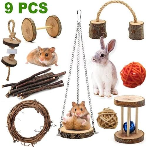 9Pcs Guinea Pig Toys Natural Wooden Hamster Chinchillas Chew Toys Dumbells Exercise Bell Interaction Roller Teeth Care Molar Toy