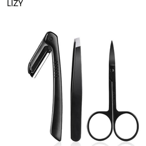 LIZY 3pcs Stainless Steel Eyebrow Trimming Set Eye Brow Shaper Tweezer Razor Scissors Hair Remover Makeup Tools