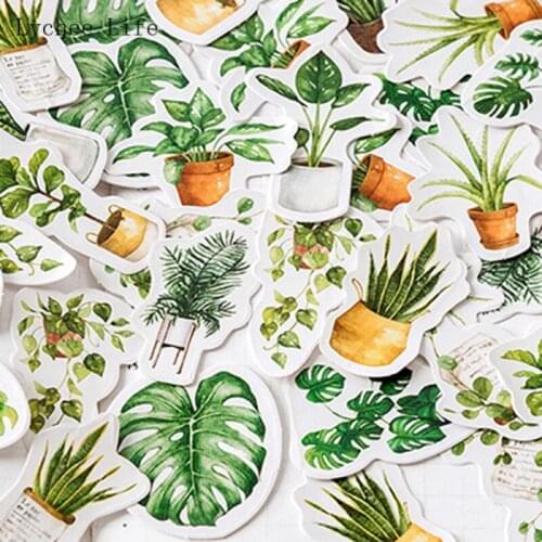 Lychee Life 45Pcs Green Plants Potted Boxed Scrapbooking Paper Sticker Handbook Diary Sealing DIY Home Decorations