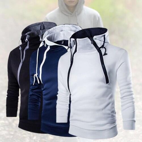 Men 2020 Winter Thick Warm Hooded Autumn Winter Men Double Zipper Long Sleeve Color Block Coat Hoodie Sweatshirt