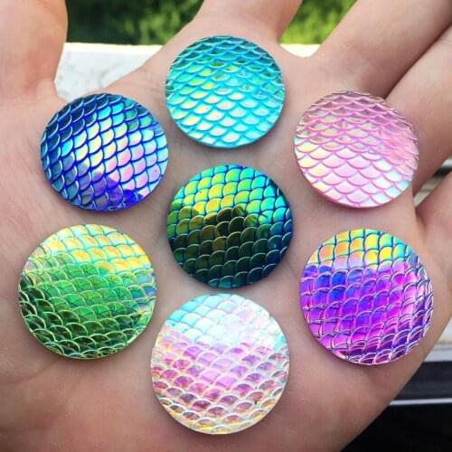 New Fashion 60pcs 25mm Mix Color Fish scales Style Flat Back AB Resin Cabochons Cameo Rhinestone button -B46*5