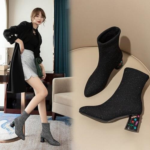 Autumn Winter New Elastic Cloth Socks Boots Women Thick Heel High Heel Fashion Boots Women Crystal Heel Short Boots Ankle Boots