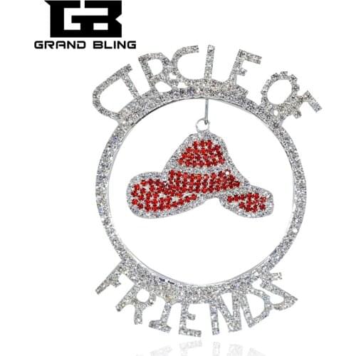Awesome Rhinestone Jewelry to Fashion Ladies "CIRCLE OF FRIENDS" Word Pin with Hanging a Red Hat Charm