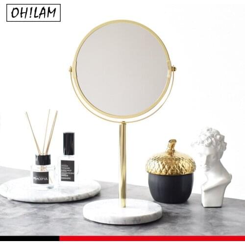 Luxury Marble Base Trays Mirror Round Gold Decorative Mirror Vanity Table Top Makeup Round Metal Double-Sided Mirror (Gold)