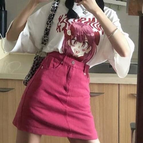 Pink Denim Skirts Womens Girls Y2K Women Summer Harajuku Vintage Crop Streetwear High Waist Skirt Gothic Kawaii Korean Fashion