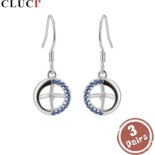 CLUCI 3 pair wholesale Blue Zircons 925 Sterling Silver Earrings for Office Lady Pearl Mounting Round Drop Earrings SE058SB