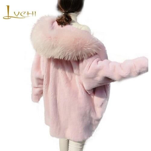 LVCHI 2019 Winter New Velvet Mink Fur Coat Women Slim Loss Batwing Sleeve With Fur Hood Real Fur Coat Pink Medium Mink Fur Coats