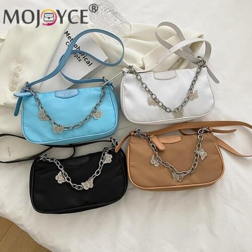 Portable Street Travel Solid Color Zipper Handbags Fashion Women Oxford Cloth Shoulder Underarm Bag with Butterfly Chain