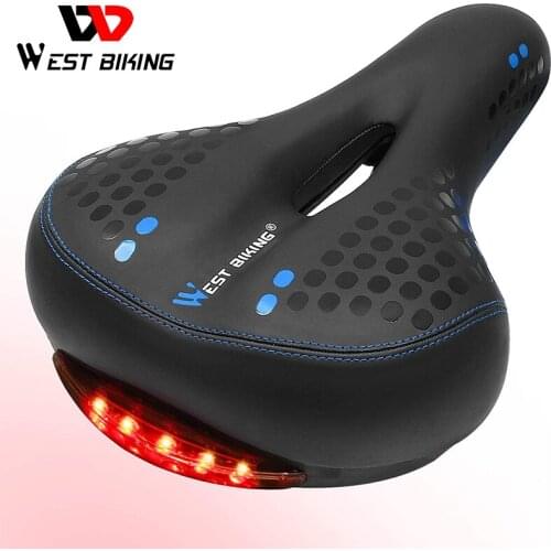 WEST BIKING Bicycle Saddle with Tail Light Thicken Widen MTB Soft Comfortable Bike Hollow Cycling Rear Seat Warning Lamp 3 Modes