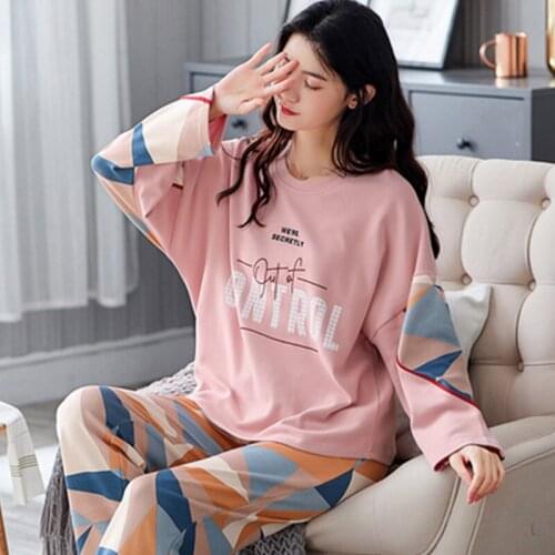 Wooksmi Spring and autumn pajamas women autumn and winter pure cotton long-sleeved ladies home clothes cotton loose and cute
