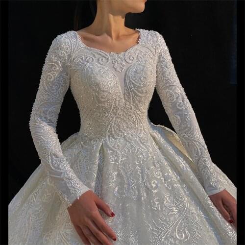 Top Quality Arabic Hijab Full Lining Lace Applique Bead Puffy Muslim Wedding Dress