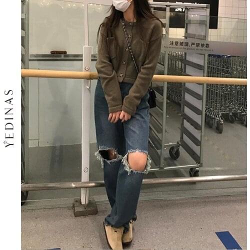 Yedinas Korean Style High Waist Jeans Woman Hole Denim Pants Ladies Loose Wide Leg Pants Plus Size Boyfriend Ripped Jeans Mom