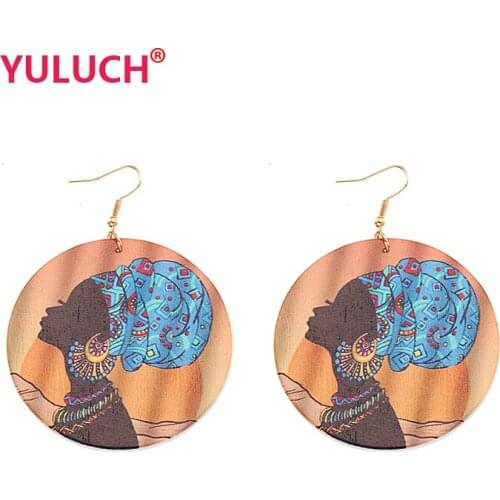 YULUCH Vintage African Ethnic Wooden Jewelry Earrings for Fashion Woman Painted Print Pendant Earrings Wedding Gift