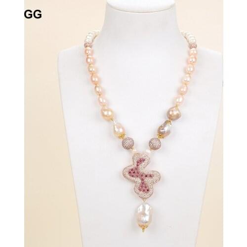 GuaiGuai Jewelry Natural Pink Keshi Pearl Rice Pearl Necklace Rose Gold Color Plated CZ Flower Pendant 20'' For Women