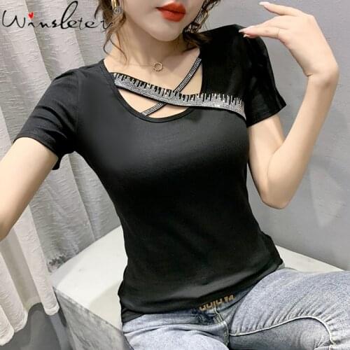 Summer European Style T-Shirt Fashion Sexy Hollow Out Shiny Diamond Women Tops Casual Slim Bottoming Shirt Tees New 2021 T14401A