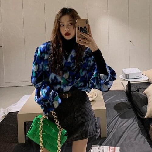 Shirt womens long-sleeved spring and autumn temperament wear autumn womens new fashion loose printed bubble sleeve shirt