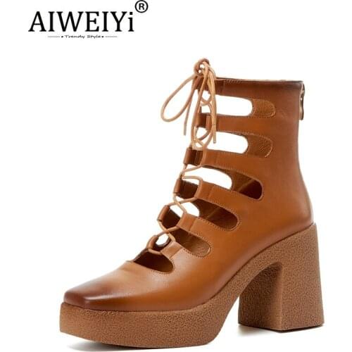AIWEIYi Women Summer Boots Ins Square High Heels Martin Boots Thick Heel Hollow Lace Up Roman Sandals
