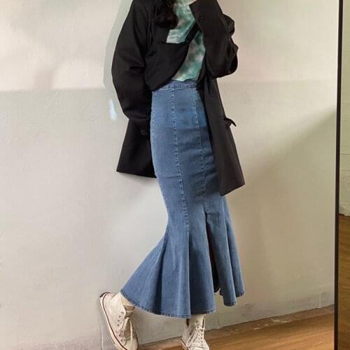 2021 Retro Long Summer Denim Skirts Girls High Waist Button Pockets Split Mermaid Jeans Straight Plus Size Maxi Skirts For Woman