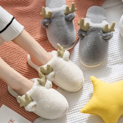 Winter House Cotton Slippers Warm Fur Shoes Comfortable Cute Lovely Cartoon Deer Indoor Bedroom Women Men Lovers Furry Slides