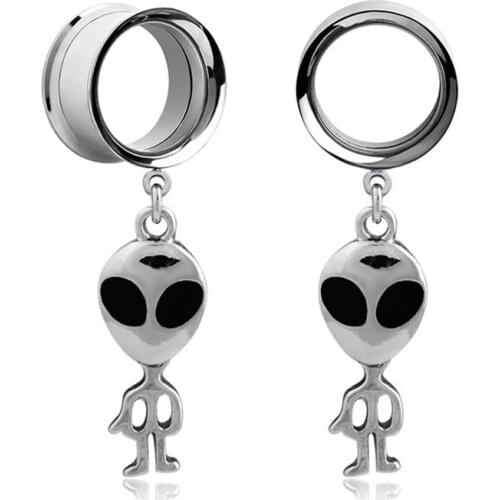 1Pair Alien Pendant Dangle Ear Tunnel Plugs Ear Gauges stainless steel Flesh Ear Piercing Expander extension set 10mm