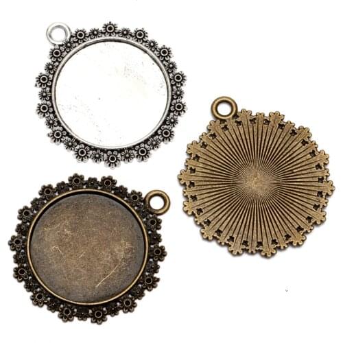10pcs/lot Flower Antique Bronze/Antique Silver Round pendant setting 30mm for Glass Cabochon Beads Base Bezel