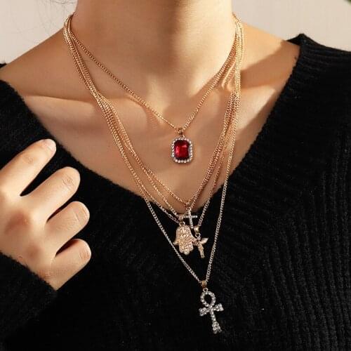 2020 Fashion Boho Women Necklaces Crystal Cross Angel Hand Red Gem Pendant Multilayer Clavicle Chain Beach Party Jewelry Gift