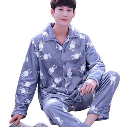 H5869 Men Pajamas Set Thickened Flannel Long Sleeve Sleepwear Autumn Winter Home Wear Grey Rabbit Cute Cartoon Print Nightwear