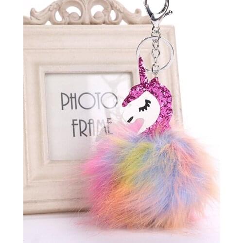 Fashion Cute Unicorn Pom Pom Keychain For Women Girls Handbags Chaveiro Fluffy Pompom Key Chain Holder Llavero Pompones Colores