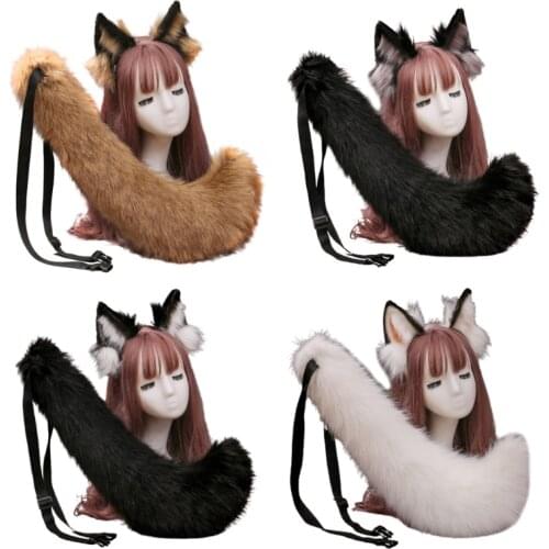 Faux Fur Wolf Ears Headband and Furry Anmimal Long Tail Set Halloween Party Anime Lolita Masquerade Cosplay Costume