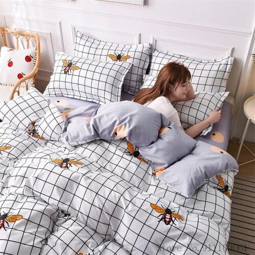 Home Textile Black and White Grid Bee Pattern Bedding Sets Children and Adult Linen Soft Duvet Cover Pillowcase Bed Sheet 3/4Pcs
