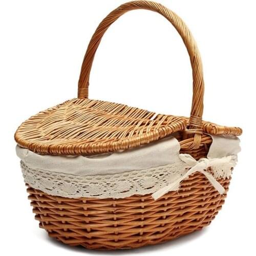 Handmade Wicker Basket with Handle Wicker Camping Picnic Basket with Double Lids Storage Hamper Basket with Cloth Lining
