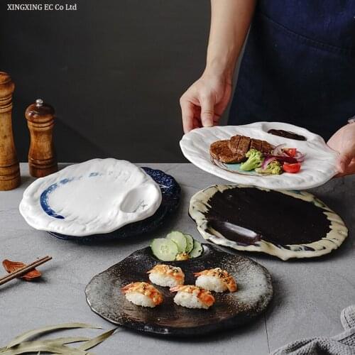 Creative Japanese Ceramics Irregular Dinner Plate Dumpling Plate with Vinegar Plate Sushi Plate Steak Plate Household Tableware