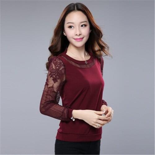 Lace Blouse Shirt Women Red Black Plus Size Casual Chiffon Blouse Womens Clothing Loose Long Sleeve Women Blouse Bottoming Hot