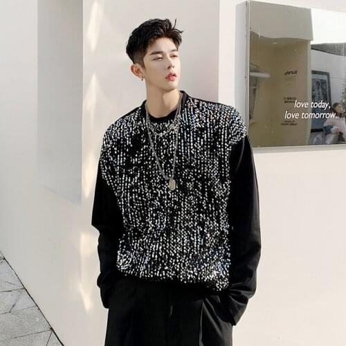 Men Sequins Long Sleeve T-shirt Black White Casual Tops Tees Shirts Stage Fashion Show Clothing Spring Autumn Streetwear New
