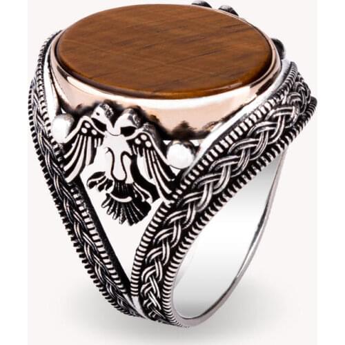 Men Handmade Silver Ring With Brown Oval Tiger Eye Stone And Animal Eagle Motif, Seljuk Empire Ring, 925 Sterling Silver