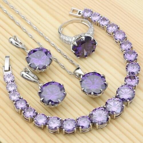 925 Silver Bridal Jewelry Sets For Women Purple Cubic Zirconia White Crystal Ring Bracelet Necklace Pendant Earrings Set
