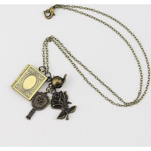 New Beauty And Beast Necklaces Vintage Book Rose Flower Key Pendants Necklace Choker Victorian Jewelry Accessories -30