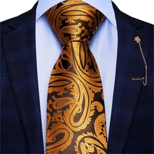 Hi-Tie Black Gold Mens Tie Floral 8.5cm 100% Silk For Wedding Quality Ties For Men Design Hanky Cufflinks Set Dropshipping