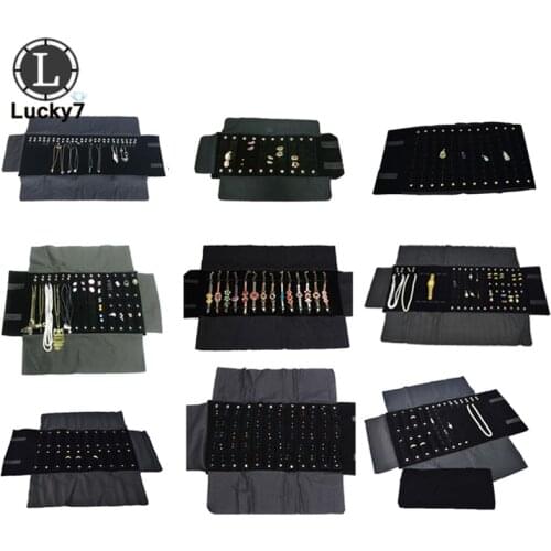 Wholesale Jewelry Roll Bag Portable Carring Case Black Velvet Organizer Multi Functional Necklace Rings Earrings Storage Box