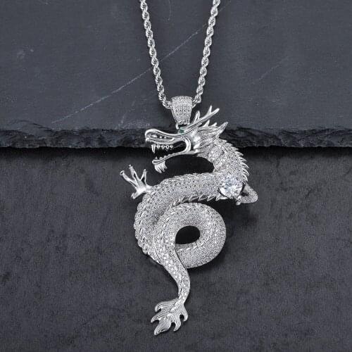 High Quality Luxury Cubic Zircon Myth Dragon Pendant Necklace Metal Necklace Men Bling Punk Jewelry Silver Chinese Dragon