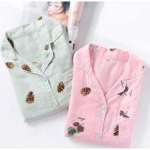 Cotton double-layer gauze mother pajamas set Spring autumn thin long-sleeved trousers pine cone printing plus size home service