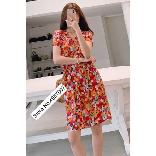 Elfbop Women/Ladies 100% Viscose Floral Printed Short Mini Dress With Short Sleeve & V Neckline