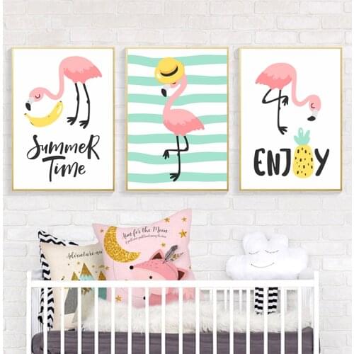 Pink Flamingo Enjoy Canvas Painting Baby Room Posters Cartoon Animals Nordic Print Wall Art Pictures Kids Room Home Decoration