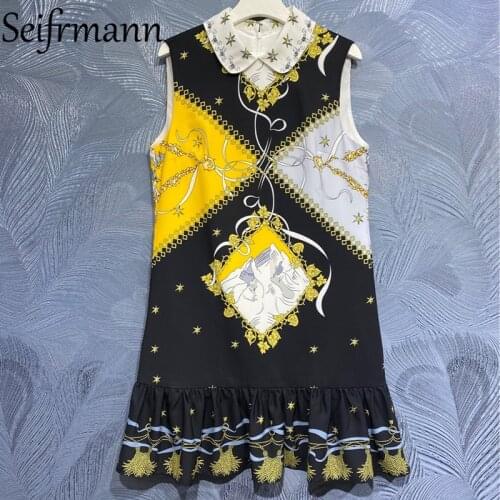 Seifrmann New 2021 Summer Women Fashion Runway Party Mini Dress Sleeveless Ruffles Elegant Vintage Print Ladies Dresses Vestidos
