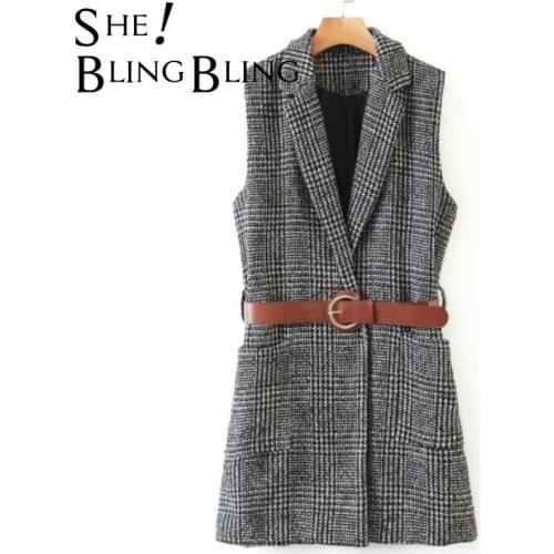SheBlingBling 2021 women ZA Grey plaid pattern long vest coat with belt office waistcoat sleeveless blazer elegant Female top